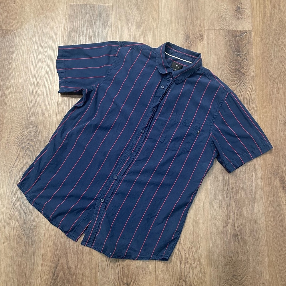 Obey Button Up Shirt, Blue and Red Stripes, Large